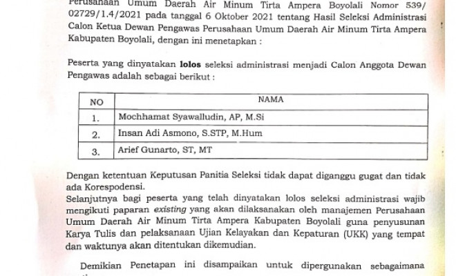 Hasil Seleksi Administrasi Calon Ketua Dewan Pengawas Perusahaan Umum Daerah Air Minum Tirta Ampera Kabupaten Boyolali